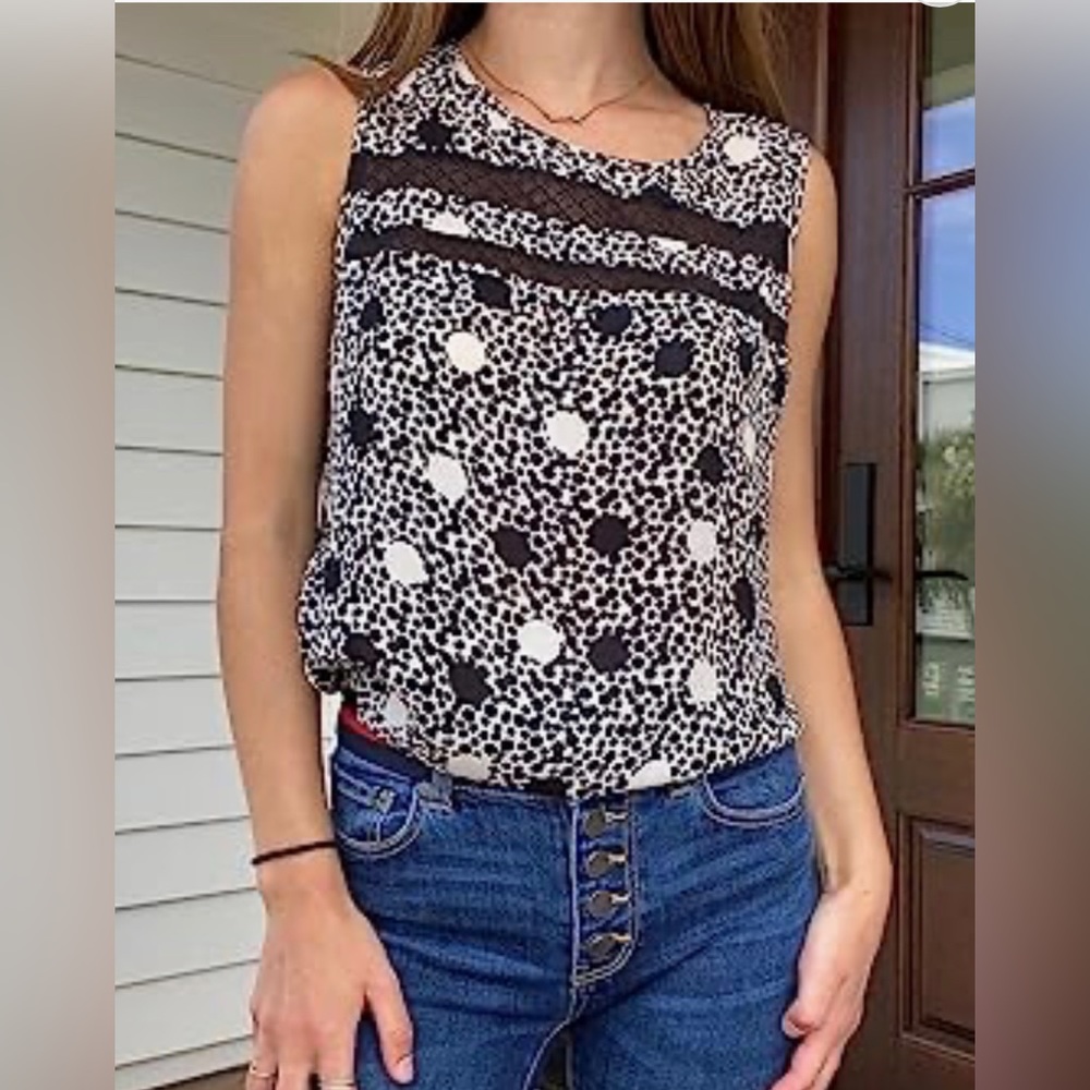 Cabi 3079 Womens Jot Top Black White Polka Dot Semi-Sheer Sleeveless Blouse